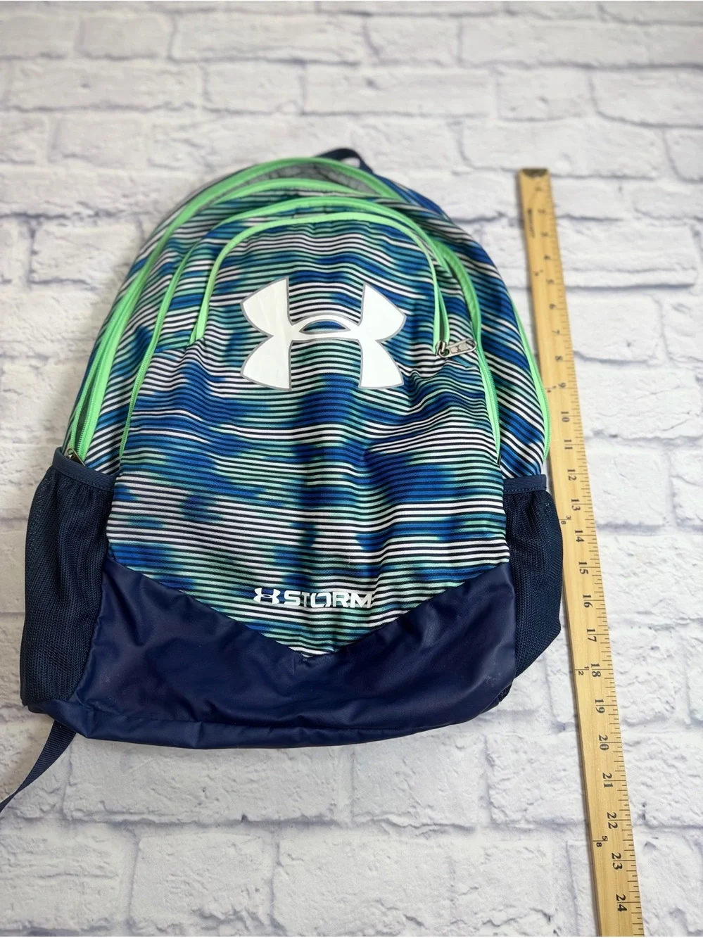 Under Armour Navy Blue Striped Backpack with Lime Accents